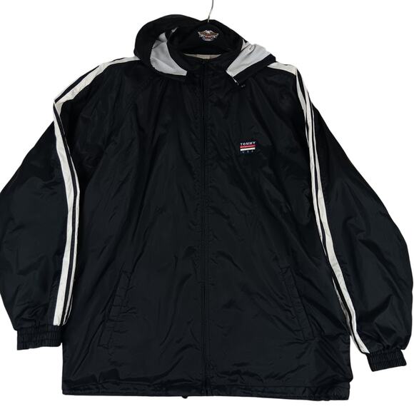 Tommy Hilfiger Vintage Windbreaker Mens XL Black Striped Pro Sport Embroidered - Picture 2 of 11